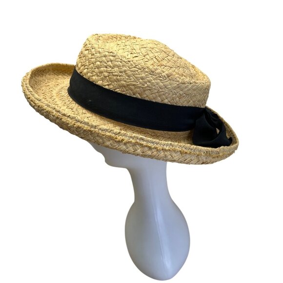 Vintage Straw Hat Black Ribbon Bow Design By Fiesta Santa Barbara One Size - Picture 1 of 9